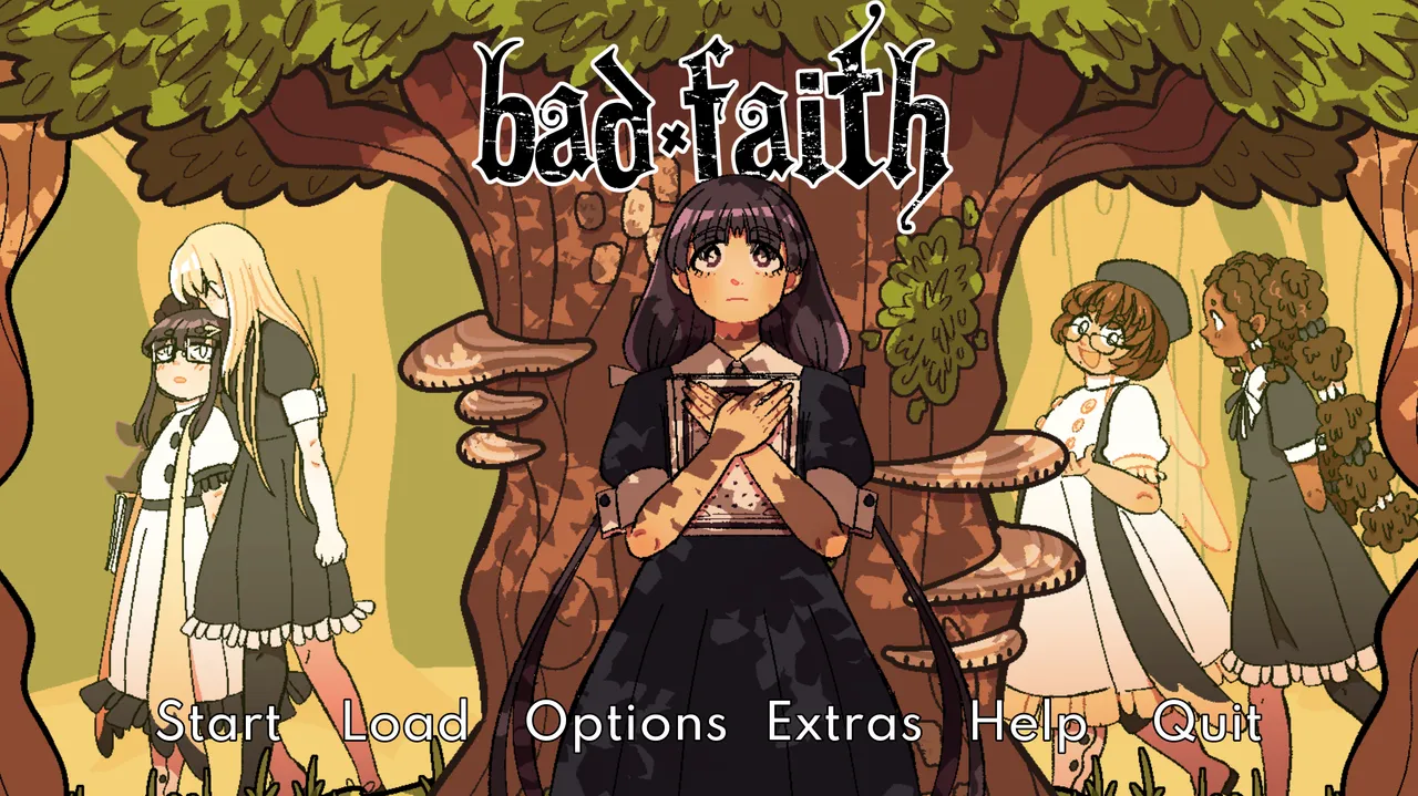 Bad Faith title screen: Magda holding a book under a great tree with the other Haven members beside her and the menu below