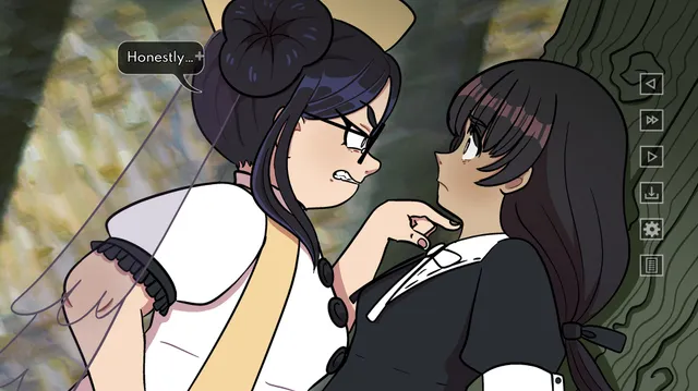 Bad Faith screenshot: a girl with glasses grabs a dark-haired girl's chin and glares at her beside a tree