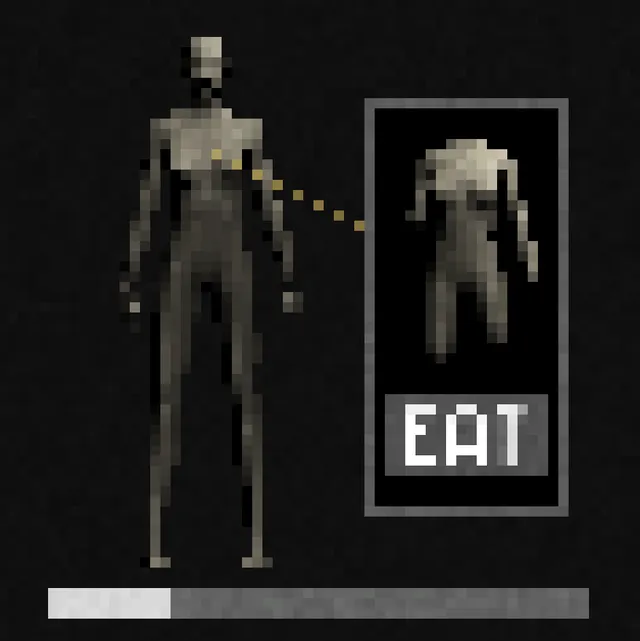 bad flesh. screenshot: a gaunt pixel figure with a dotted line to its torso, shown in a frame above an EAT button