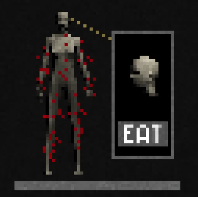 bad flesh. screenshot: the figure now spotted with red, its head shown in the frame above the EAT button