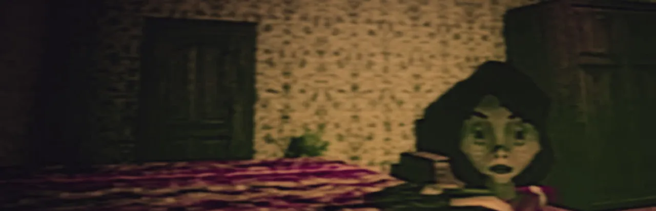 Bad Parenting 1: Mr. Red Face key art: a low-poly woman with a frightened face stands by a bed in a dim room with patterned wallpaper