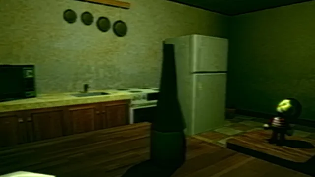 Bad Parenting 1: Mr. Red Face screenshot: a dim apartment kitchen with a fridge and stove, a small figure with a glowing face standing on the floor