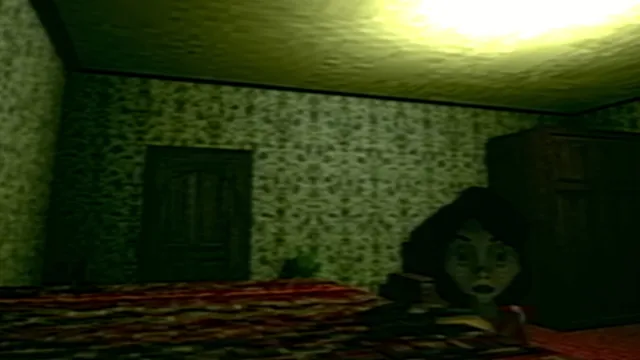 Bad Parenting 1: Mr. Red Face screenshot: a mother with wide eyes stands beside a bed under a bright ceiling light in a green-wallpapered bedroom