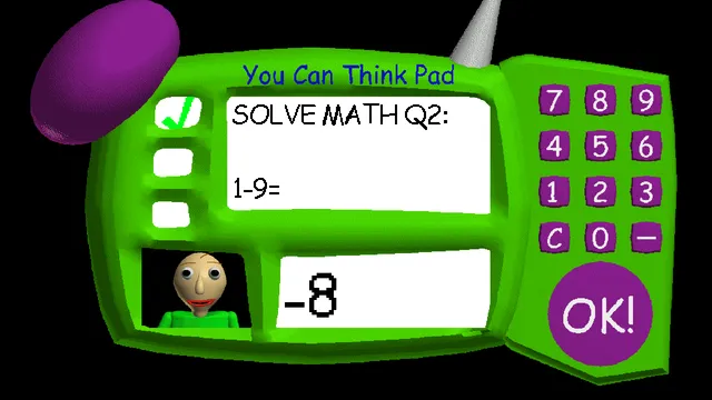 Baldi's Basics screenshot: the green You Can Think Pad asks a maths problem with Baldi's face in the corner