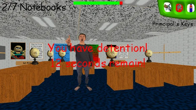 Baldi's Basics screenshot: the principal stands in a classroom as red text says you have detention