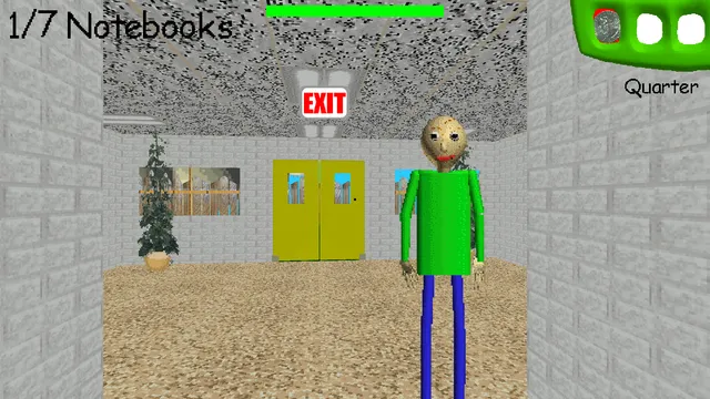 Baldi's Basics screenshot: Baldi stands close in the hallway near a yellow exit door