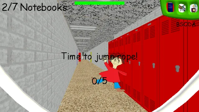 Baldi's Basics screenshot: a girl in a red dress blocks the hallway and says it is time to jump rope