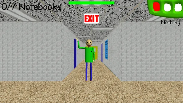 Baldi's Basics screenshot: Baldi waves at the end of a brick school hallway under a red EXIT sign