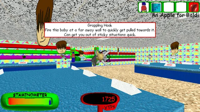Baldi's Basics Plus screenshot: a shop counter of items with a description of the grappling hook and a points total