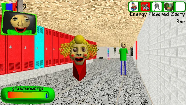Baldi's Basics Plus screenshot: a creepy clown head on a pedestal in a locker-lined hallway while Baldi approaches behind it