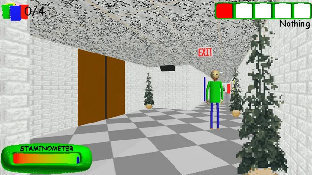 Baldi's Basics Plus screenshot: Baldi stands at the end of a white-tiled school corridor beside an Exit sign, a stamina bar at the bottom