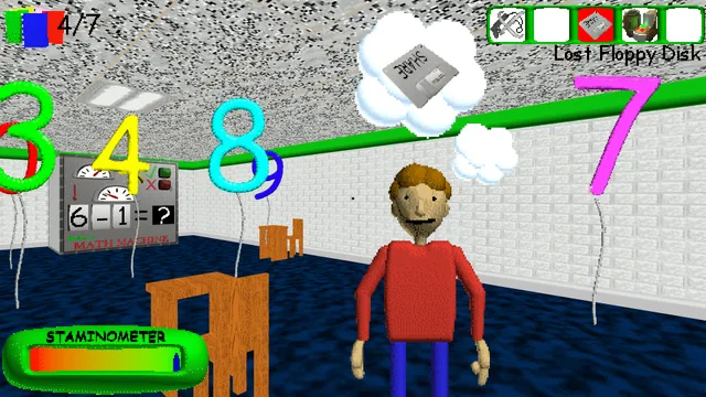 Baldi's Basics Plus screenshot: a man in a red shirt thinks about a lost floppy disk in a classroom full of number balloons and a maths machine