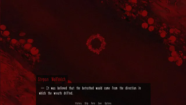 Banebush screenshot: a wreath drifting on dark water while a villager tells an old belief