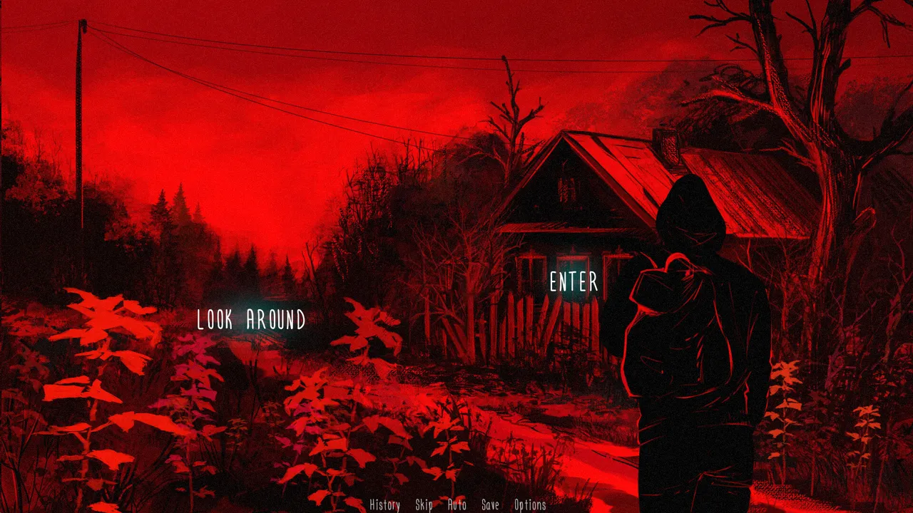 Banebush screenshot: a hooded man stands before a wooden village house under a blood-red sky, with Look around and Enter choices