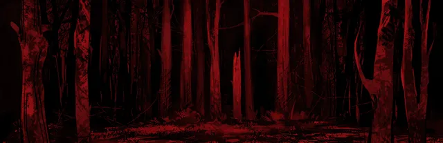 Banebush art: a dark forest of tall trunks drawn in red and black