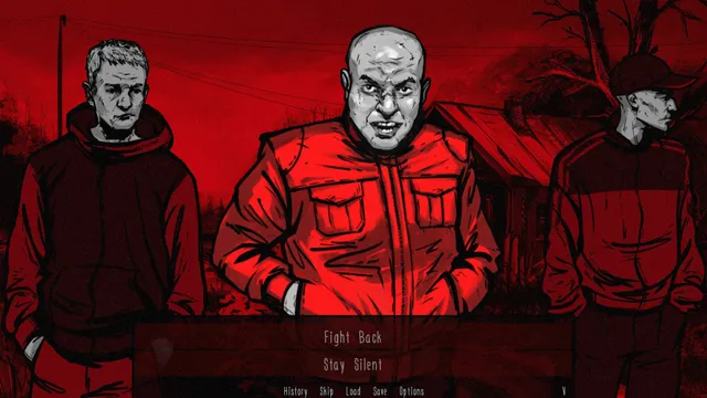 Banebush screenshot: three hostile men confront the player, with choices to fight back or stay silent