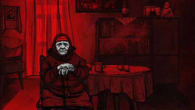 Banebush screenshot: an old woman in a headscarf sits at a table in a red-lit village room