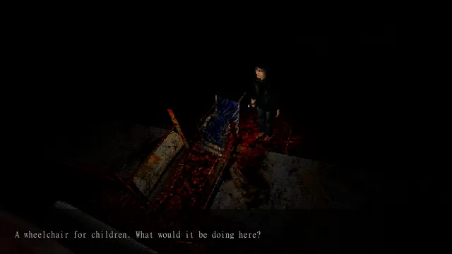 Banned Memories: Yamanashi screenshot: a child's wheelchair on a bloodstained floor beside Hideo, with the text What would it be doing here