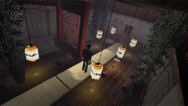 Banned Memories: Yamanashi screenshot: Hideo seen from above on a wooden walkway hung with paper lanterns