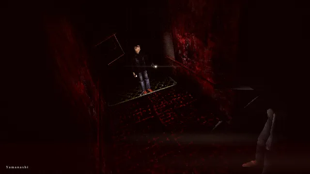 Banned Memories: Yamanashi screenshot: Hideo with a flashlight in a dark, blood-red corridor with a pale figure's legs in the foreground