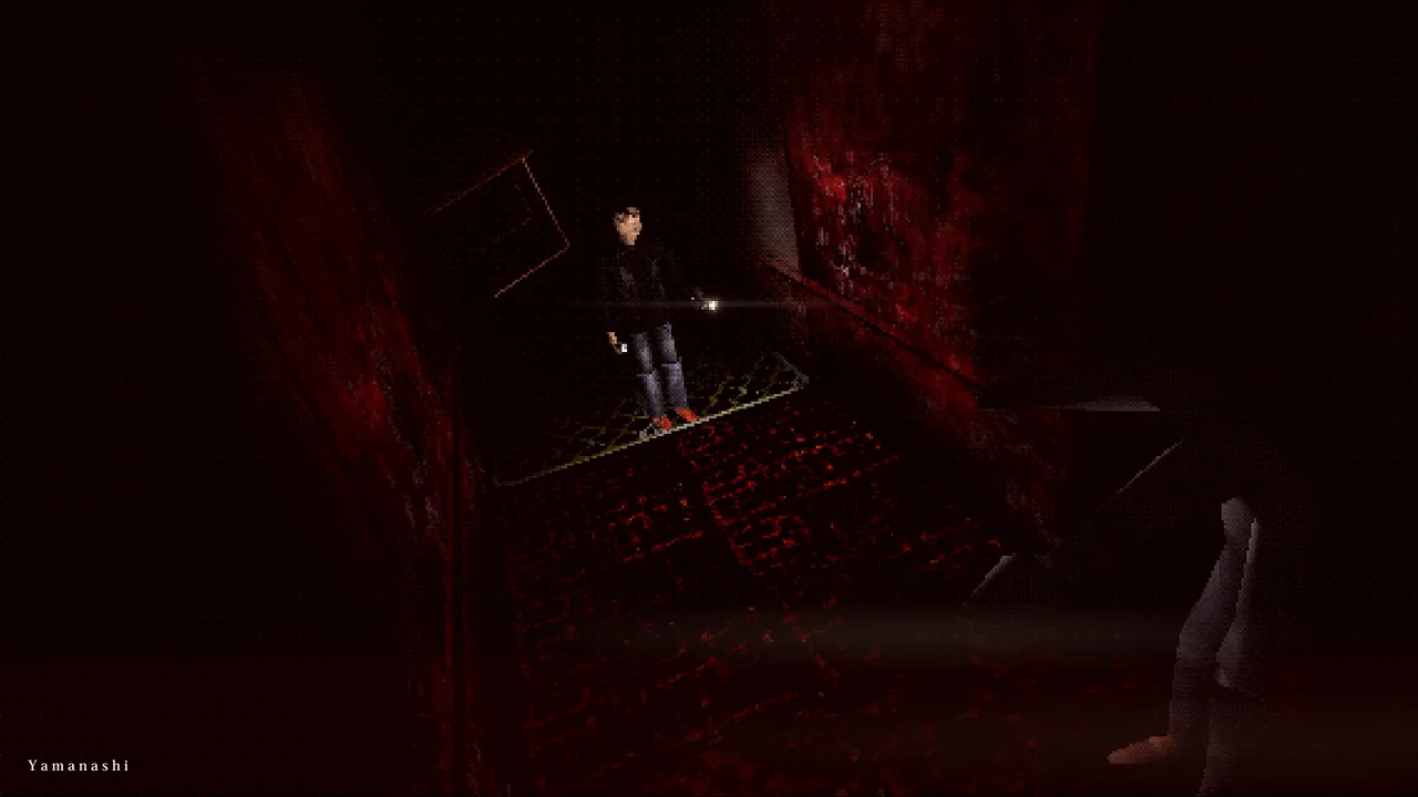 Banned Memories: Yamanashi screenshot: Hideo with a flashlight in a dark, blood-red corridor with a pale figure's legs in the foreground