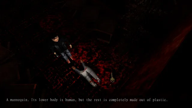 Banned Memories: Yamanashi screenshot: Hideo above a bloodied mannequin on a red floor, a key lying beside it
