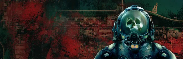 Barotrauma key art: a diver in a heavy suit with a skull behind the helmet glass, against a red and green submarine schematic