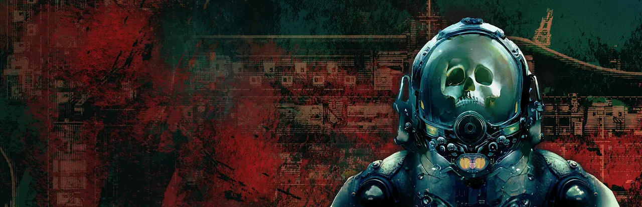 Barotrauma key art: a diver in a heavy suit with a skull behind the helmet glass, against a red and green submarine schematic