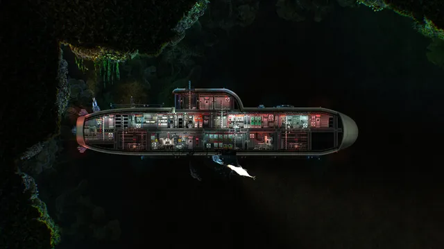 Barotrauma screenshot: a cutaway submarine with lit compartments passes through a dark underwater cave