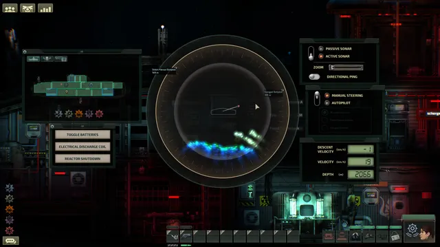 Barotrauma screenshot: the navigation terminal, with a round sonar display, depth readings and controls for the batteries and reactor