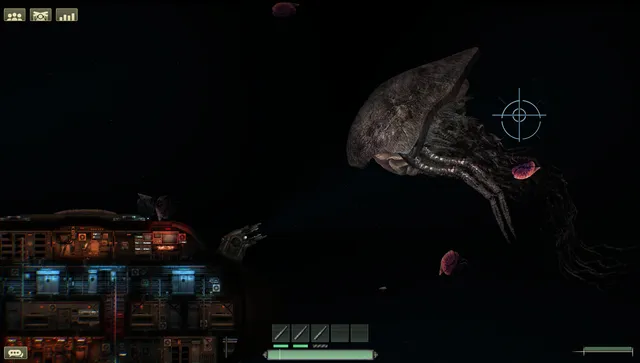 Barotrauma screenshot: a huge tentacled creature drifts in black water beside the submarine as a turret aims at it