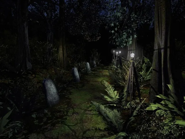 Barrow Hill screenshot: a path through dark woods at night lined with stones and lamps on tripods