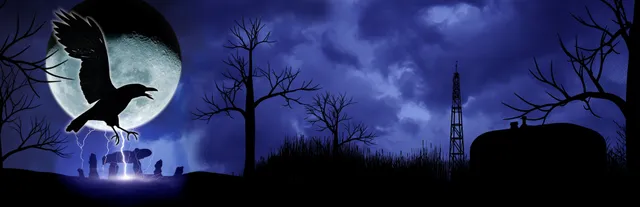 Barrow Hill key art: a crow flies before a full moon as lightning strikes a ring of standing stones, with bare trees and a radio mast in silhouette