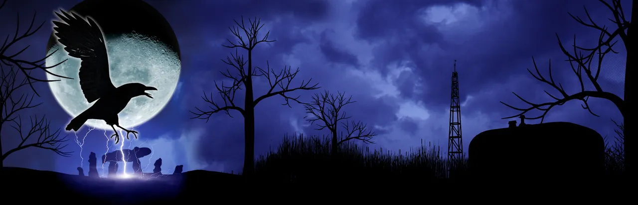 Barrow Hill key art: a crow flies before a full moon as lightning strikes a ring of standing stones, with bare trees and a radio mast in silhouette