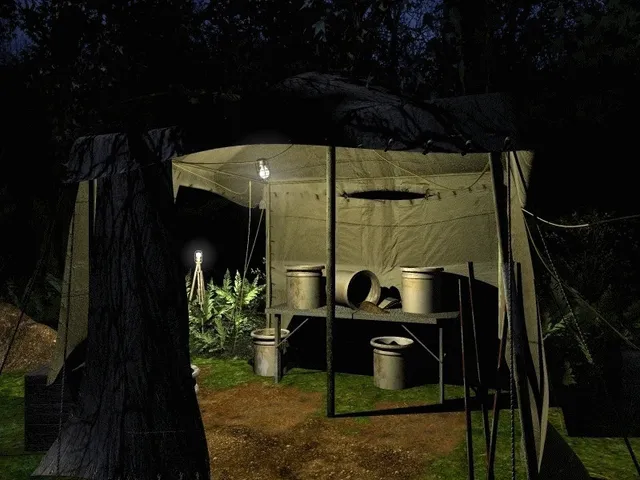 Barrow Hill screenshot: a lit dig-site tent in the woods at night with buckets and pots on a table