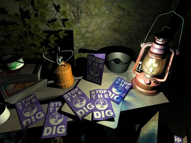 Barrow Hill screenshot: Stop the Dig leaflets scattered on a table beside an oil lamp and a camping stove
