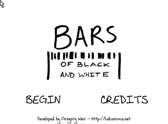 The game's title screen running in the browser, with the barcode logo and Begin and Credits drawn by hand