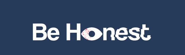 Be Honest logo in white on dark blue, the O drawn as an eye flecked with red