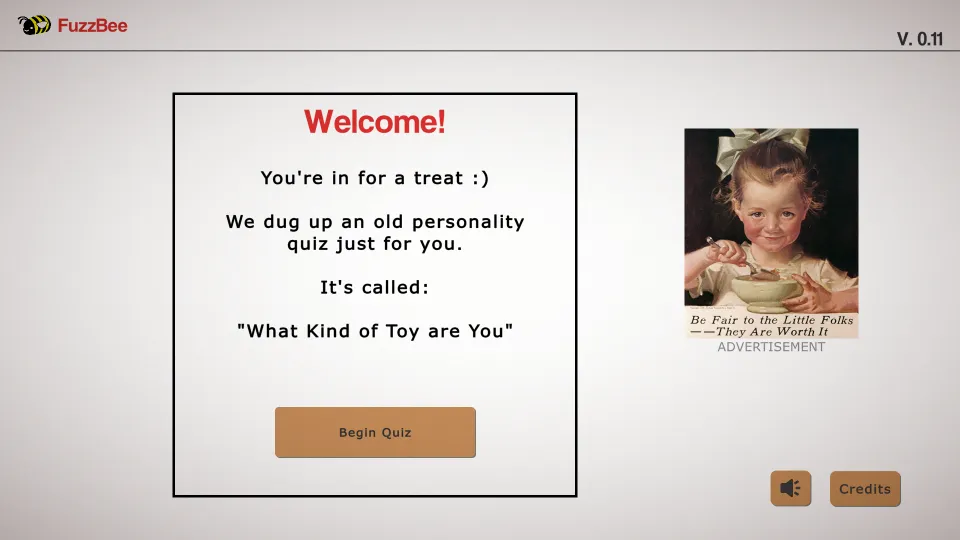 Be Honest screenshot: the FuzzBee quiz site's welcome box offering an old personality quiz called What Kind of Toy are You, with a Begin Quiz button and a vintage advertisement beside it