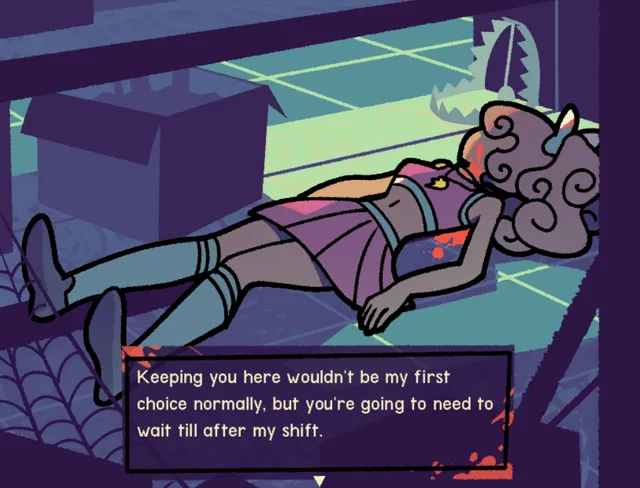 Beary the Hatchet: a woman's body lies under a shelf in the storeroom beside a bear trap as the clerk says she will have to wait until after his shift