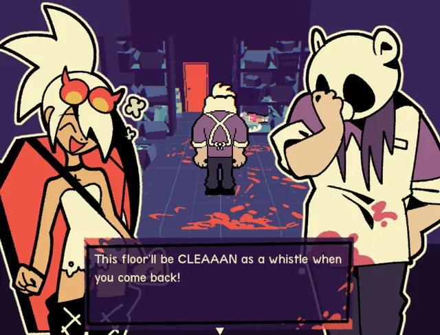 Beary the Hatchet: the clerk and the cheerful fan in front of a pixel-art storeroom with blood spattered across the floor