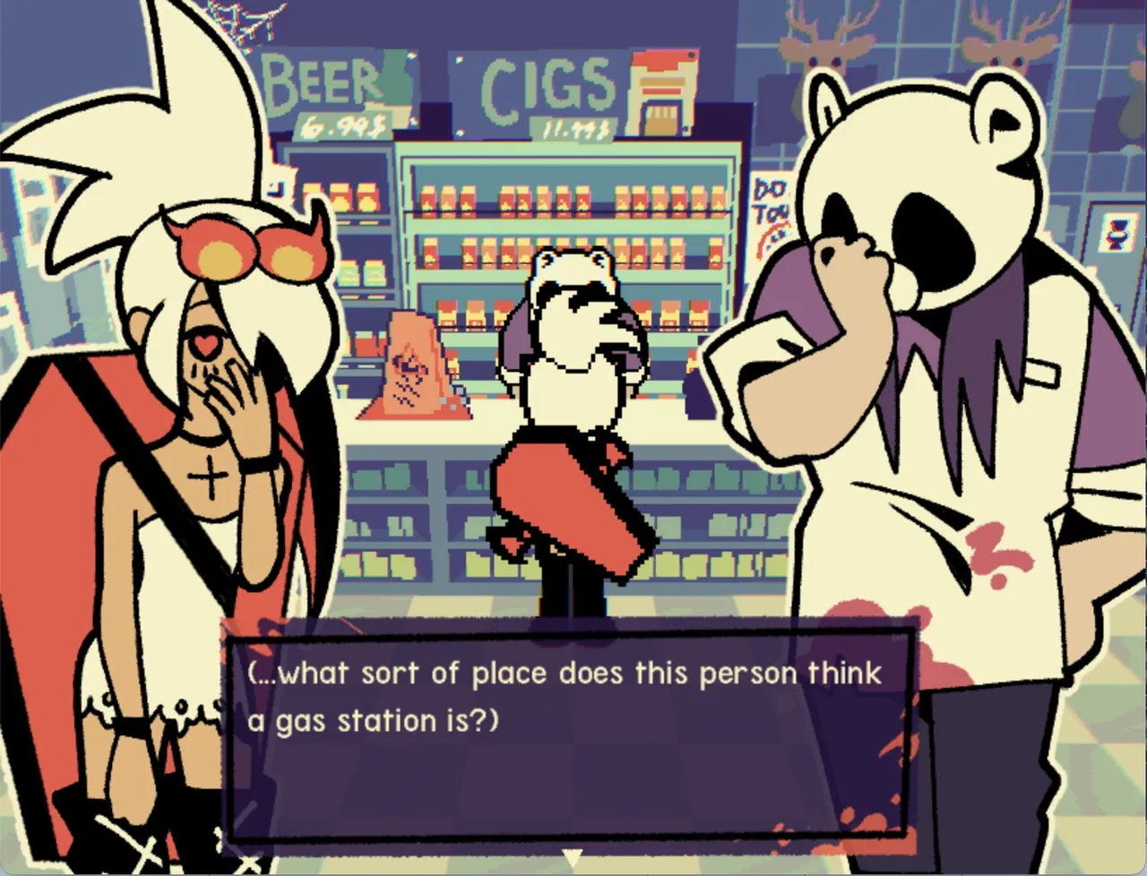 Beary the Hatchet: a goth girl with flame sunglasses and the clerk in a white bear mask with blood on his shirt stand in a gas station aisle under Beer and Cigs signs