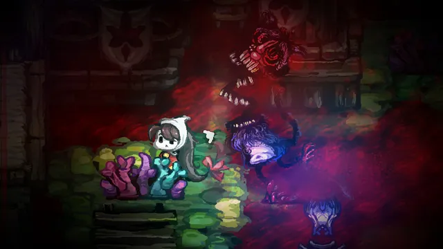 Lisa hiding in a bush as a dark, many-eyed monster looms over her in a red-tinged night