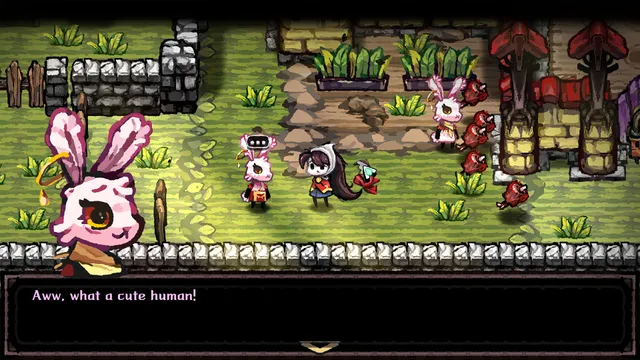 A pink rabbit villager saying Aww, what a cute human, as Lisa walks a garden path in the animal village