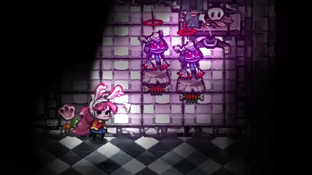 A rabbit in a red cloak in a dark tiled room with two creatures hung up under a purple light