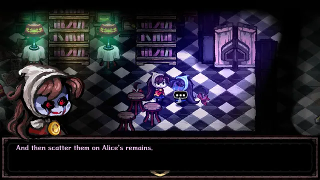 Lisa with red eyes in a dark library, saying And then scatter them on Alice's remains
