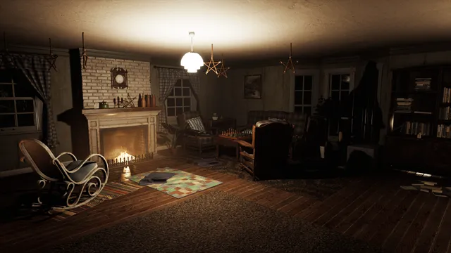 A living room with a fireplace, a rocking chair and stick stars hanging from the ceiling