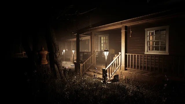 The wooden porch of the house in the forest at night, with a wicker figure by a tree