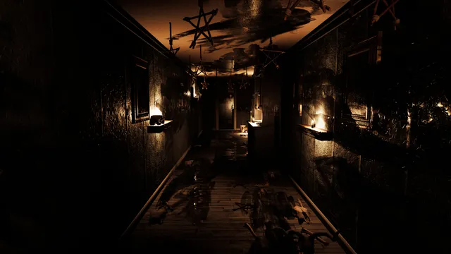 A dark candlelit corridor with stick stars hanging from the ceiling and bones on the floor