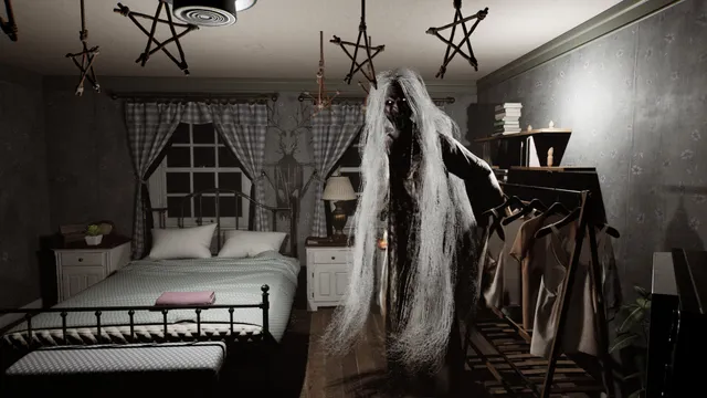 A long-haired witch figure rushes through a bedroom hung with stick pentagrams